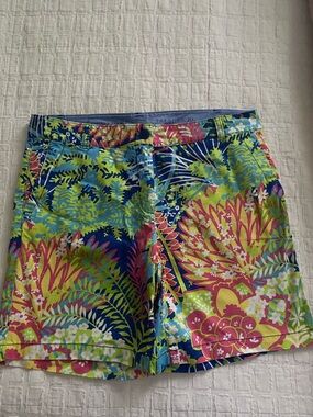 Talbots Vibrant Tropical Floral Cotton-Blend Shorts - Navy, Lime, Pink